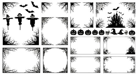 Spooky Halloween borders and elements feature scarecrows, bats, haunted castles, pumpkins, skulls, and witch hats