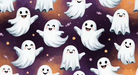 Whimsical Halloween ghost pattern with candy and stars, perfect for festive designs