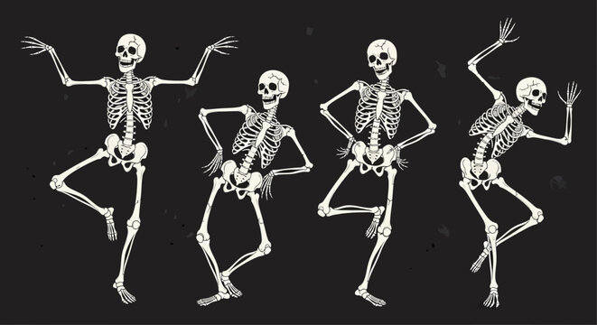 Four playful skeletons dancing with dynamic poses against a dark, textured background for Halloween fun