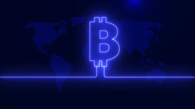 Glowing Bitcoin symbol over world digital map. Futuristic cryptocurrency, blockchain, global finance, and digital technology animation.