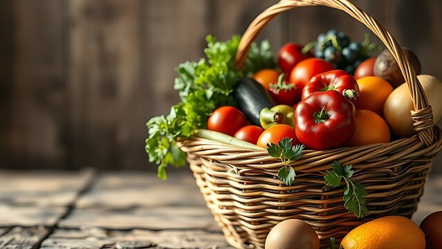Harvest basket overflowing with fresh fruits and vegetables, bathed in soft morning light.