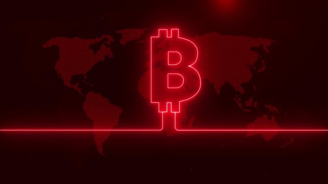 Glowing Bitcoin symbol over world digital map. Futuristic cryptocurrency, blockchain, global finance, and digital technology animation. - Powered by Adobe