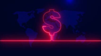 Digital glowing dollar sign over world map. Global finance, banking, economy, and futuristic technology animation. - Powered by Adobe