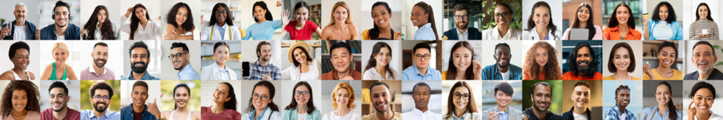 A vibrant collage featuring multiracial individuals smiling with joy, highlighting diversity in...