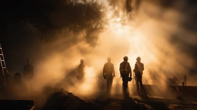 Courageous Resilience in the Inferno: Brave firefighters stand united, silhouetted against a raging inferno, their silhouettes demonstrating unflinching resolve amidst smoke and danger.