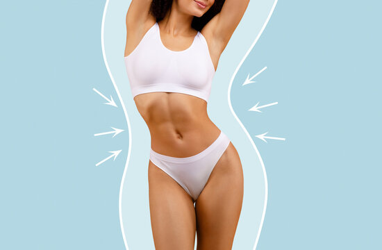 Weightloss concept. Slim black woman in underwear with drawn silhouette of her ex figure standing on blue background. Slender woman demonstrating result of successful slimming, collage