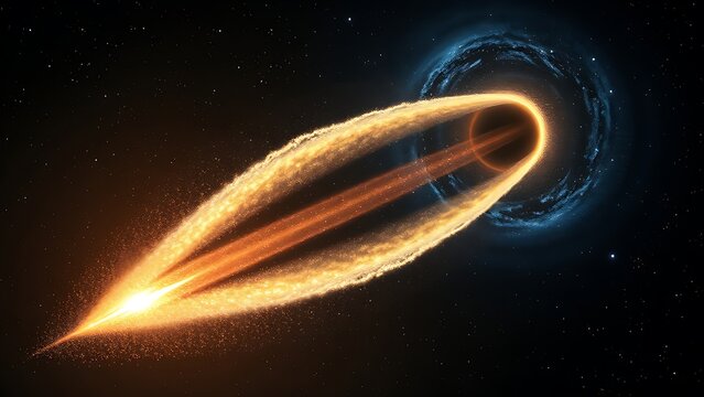 Ethereal interstellar comet with dual stardust tails traversing a wormhole-like portal.
