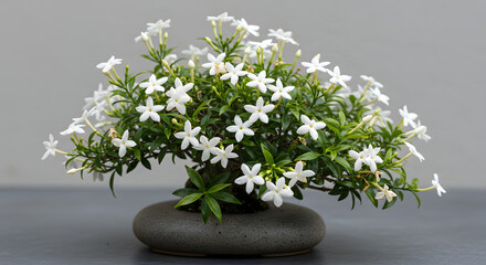 Miniature Bonsai with Delicate White Flowers in a Stone Pot on a Minimalist Grey Background
