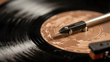 Close-up of a vinyl record with a stylus needle on the spinning disc
