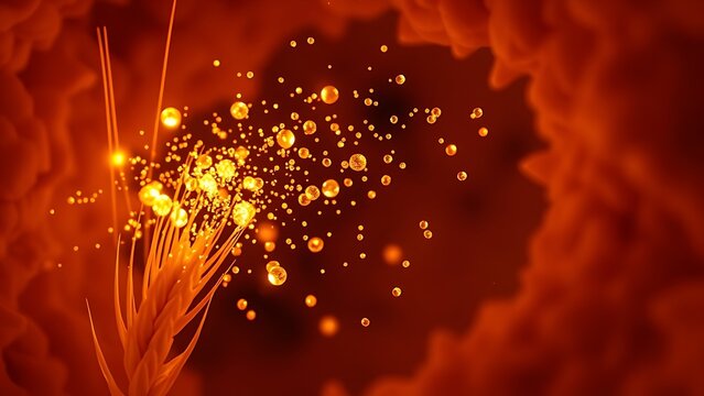 Microscopic wheat grains bursting into glowing particles against intestinal villi textures.