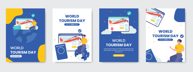 World Tourism Day poster set with travel elements such as suitcase, hot air balloon, passport, and landmarks in flat modern style. Perfect for tourism, vacation, holiday, and travel promotion design.
