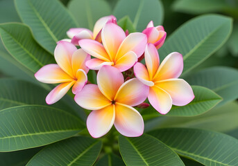 Obraz premium Isolated white and green background photos of a beautiful pink lotus flower with a yellow center, also known as a frangipani or plumeria blossom, a tropical plant