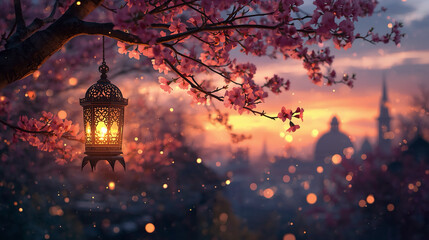 Artistic Blossom Tree with Lantern Glow on Spring Scenery Decoration	