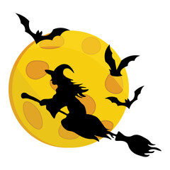 Shilhouette Of Witch FLying On Broom With Bats