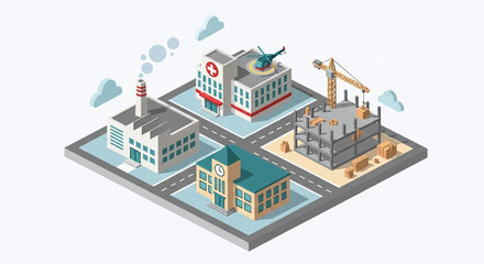 Isometric illustration showcasing a miniature city with essential services and ongoing construction representing urban development and community infrastructure planning