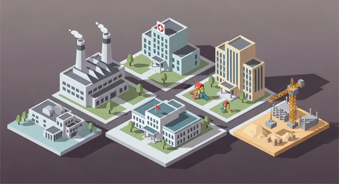 Isometric representation of diverse civic buildings showcasing a factory hospital government building skyscraper and construction site in a miniature urban planning style