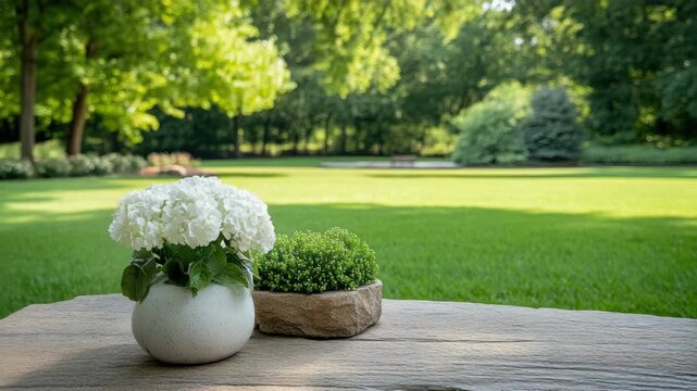 Serene outdoor garden with white flowers vase stone table surrounded by lush greenery and plants