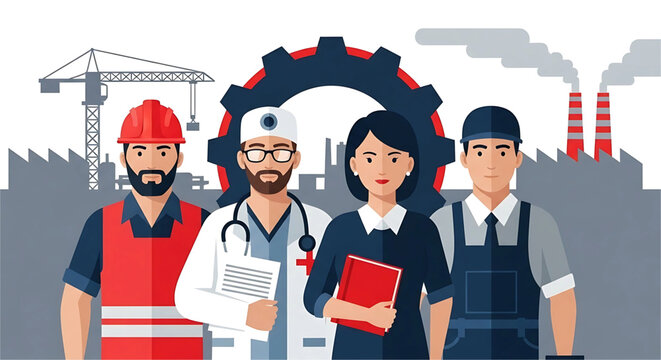 Diverse Professionals Contributing to Industry and Community, Representing Essential Services and Economic Sectors with a Flat Design Style and Symbolic Industrial Backdrop
