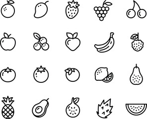 Flat vector illustration of fruits icons, apple, mango, banana, strawberry, grape, cherry, pineapple, pear, watermelon, orange, healthy food design