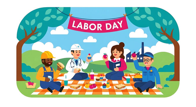 Celebrating Labor Day: A Festive Picnic with Diverse Professions Underneath Shady Trees and a Cheerful Skyline with Clouds and a Factory in the Distance
