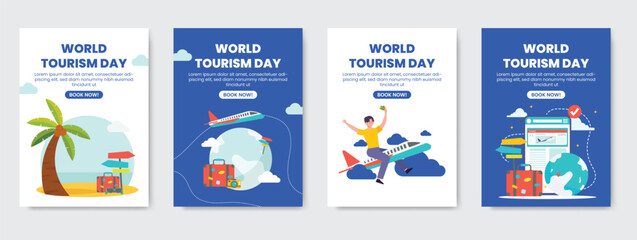 World Tourism Day poster set with travel elements such as suitcase, hot air balloon, passport, and landmarks in flat modern style. Perfect for tourism, vacation, holiday, and travel promotion design.