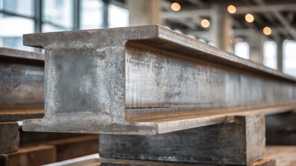 Industrial metal beams forming an abstract geometric composition in a construction setting with cool steel tones.