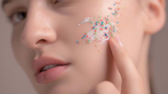 Woman applying facial cream containing visible microplastic particles illustrating health concerns related to endocrine-disrupting chemicals in cosmetic products