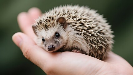 Fototapeta premium A small hedgehog with spiky quills is gently held in a person's hand against a blurred green background.