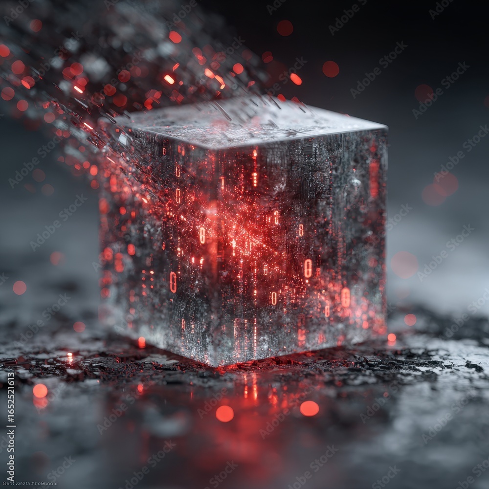 Poster transparent cube data streams, dark background. conceptual tech, data transfer