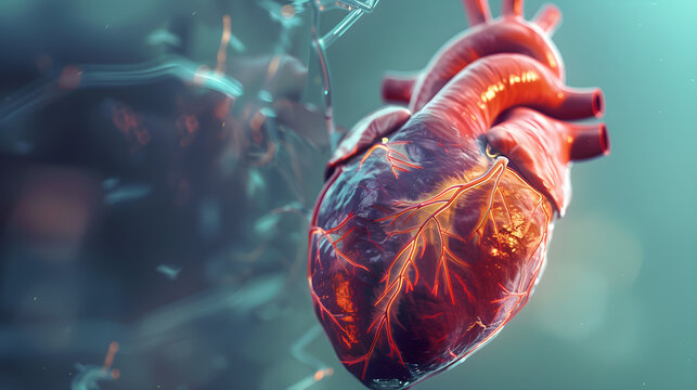 Vibrant human heart pulsing with life and energy, symbolizing health, vitality, and medical science breakthroughs.