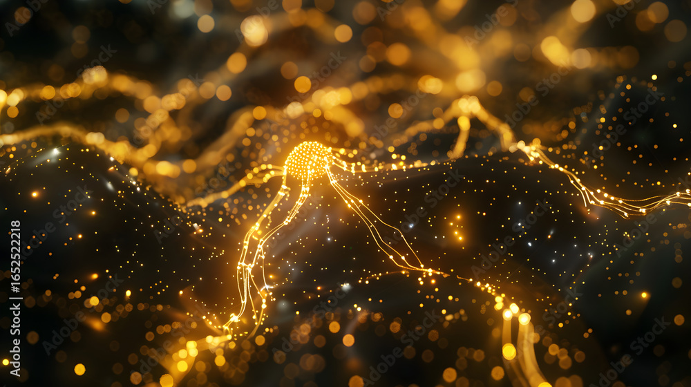 Poster dazzling golden network of glowing particles pulses with vibrant energy, creating a futuristic abstr