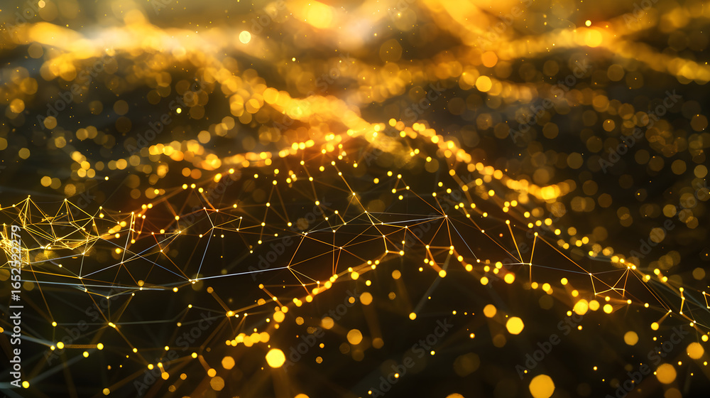 Poster abstract golden network visualization with bokeh lights, representing futuristic technology and digi