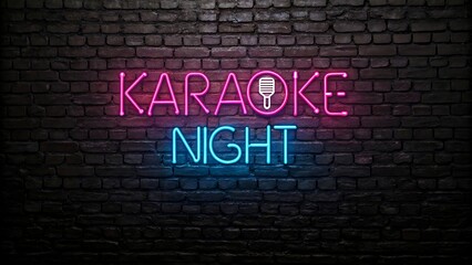 Obraz premium Karaoke Night Neon Sign Glowing on Brick Wall 