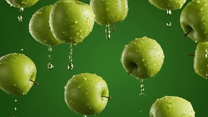 Many fresh green apples suspended with water droplets against a vibrant green background. - Powered by Adobe