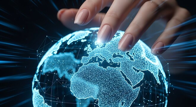 Photo of hand touching a digital globe representing global network and technology