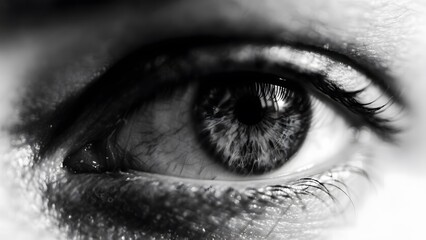 Close-up of a human eye in black and white, showcasing detailed iris patterns and eyelashes.