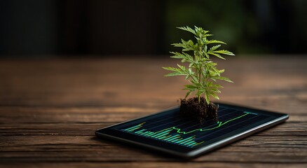 Young plant growing from soil on tablet displaying stock market graph growth seedling