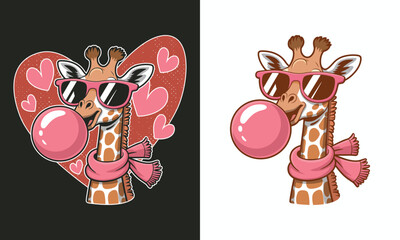 Funny Cute  Giraffe Wearing Pink Sunglasses And Blowing Bubble Gum - Giraffe Lover T Shirt Design