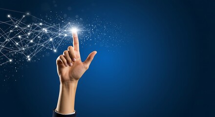 Hand touching a glowing digital network on a blue background.