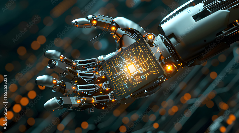 Poster advanced robotic hand showcases intricate glowing circuit board, symbolizing innovation and future t