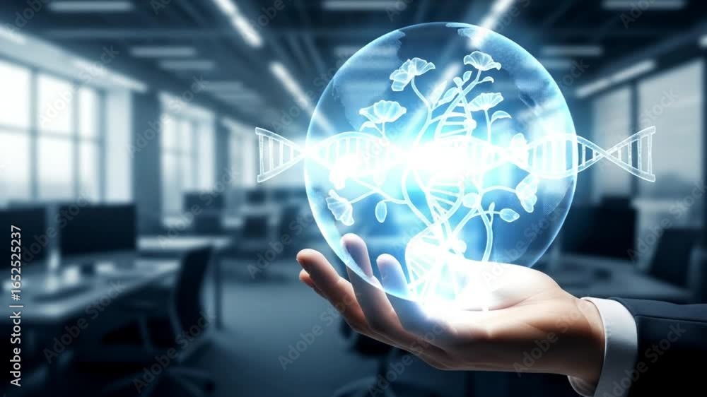 Poster a hand holding a dna strand with flowers in an office setting with computers and windows behind it