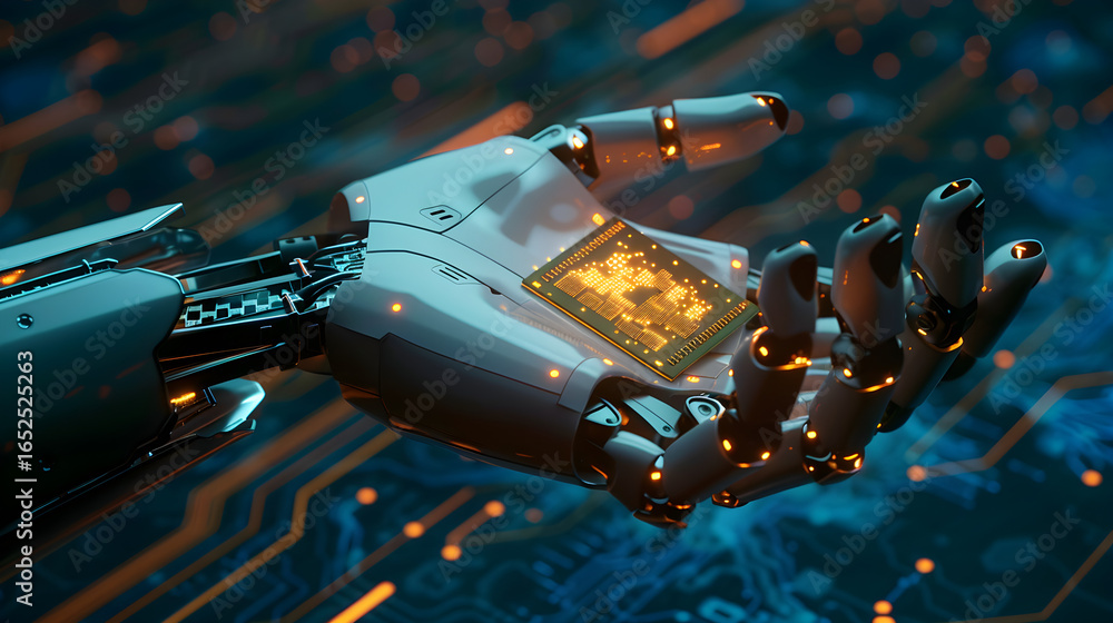 Poster advanced robotic hand showcases glowing microchip, symbolizing futuristic technology and artificial 
