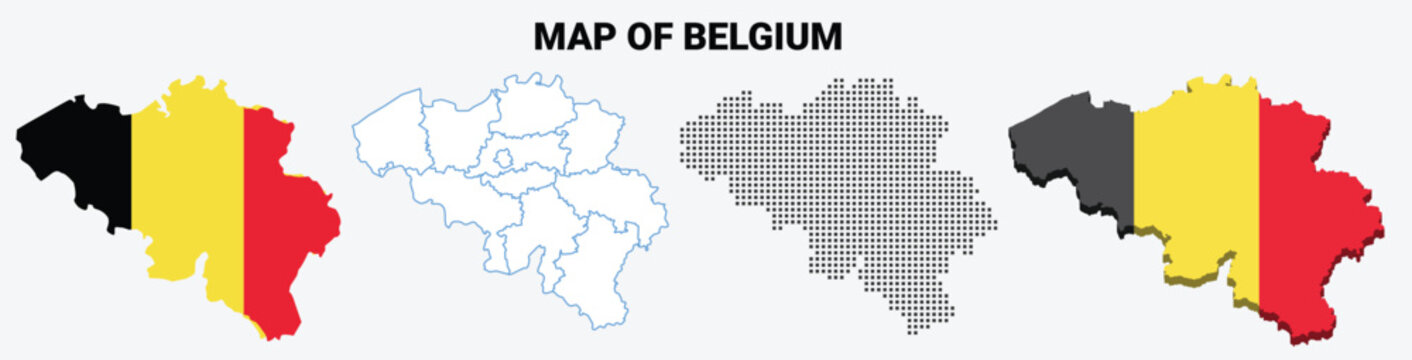 belgium map set, map in official colours and proportions.outline, dotted and 3d map of belgium.