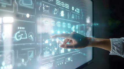 Modern digital interface with hand interacting, data analysis, futuristic technology, business innovation, and global connection