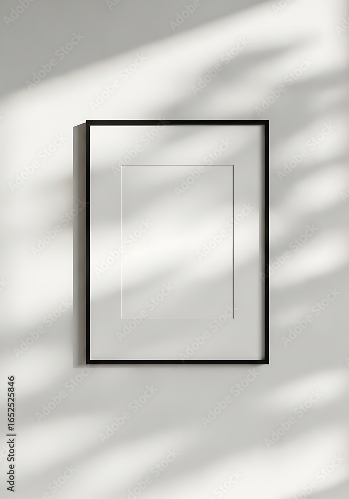 Poster minimalist black picture frame with a white mat, displaying empty copy space on a wall with dramatic