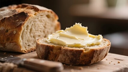Freshly Sliced Bread with Generous Spread of Butter on a Wooden Board