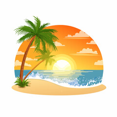 Fototapeta premium Tropical Beach Sunset with Palm Trees and Ocean Waves
