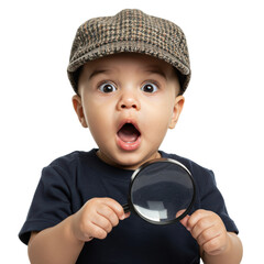 A surprised baby detective looking through a magnifying glass, full of wonder and amazement.