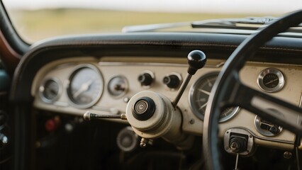 Vintage Car Interior with Classic Dashboard and Steering Wheel