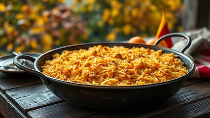 Traditional Spanish paella in a bronze pan with saffron-infused rice, set against rustic autumn foliage.